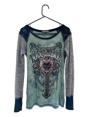 Vintage Y2K Era Crash & Burn Black-Trim Green Embellished Graphic Tee Small